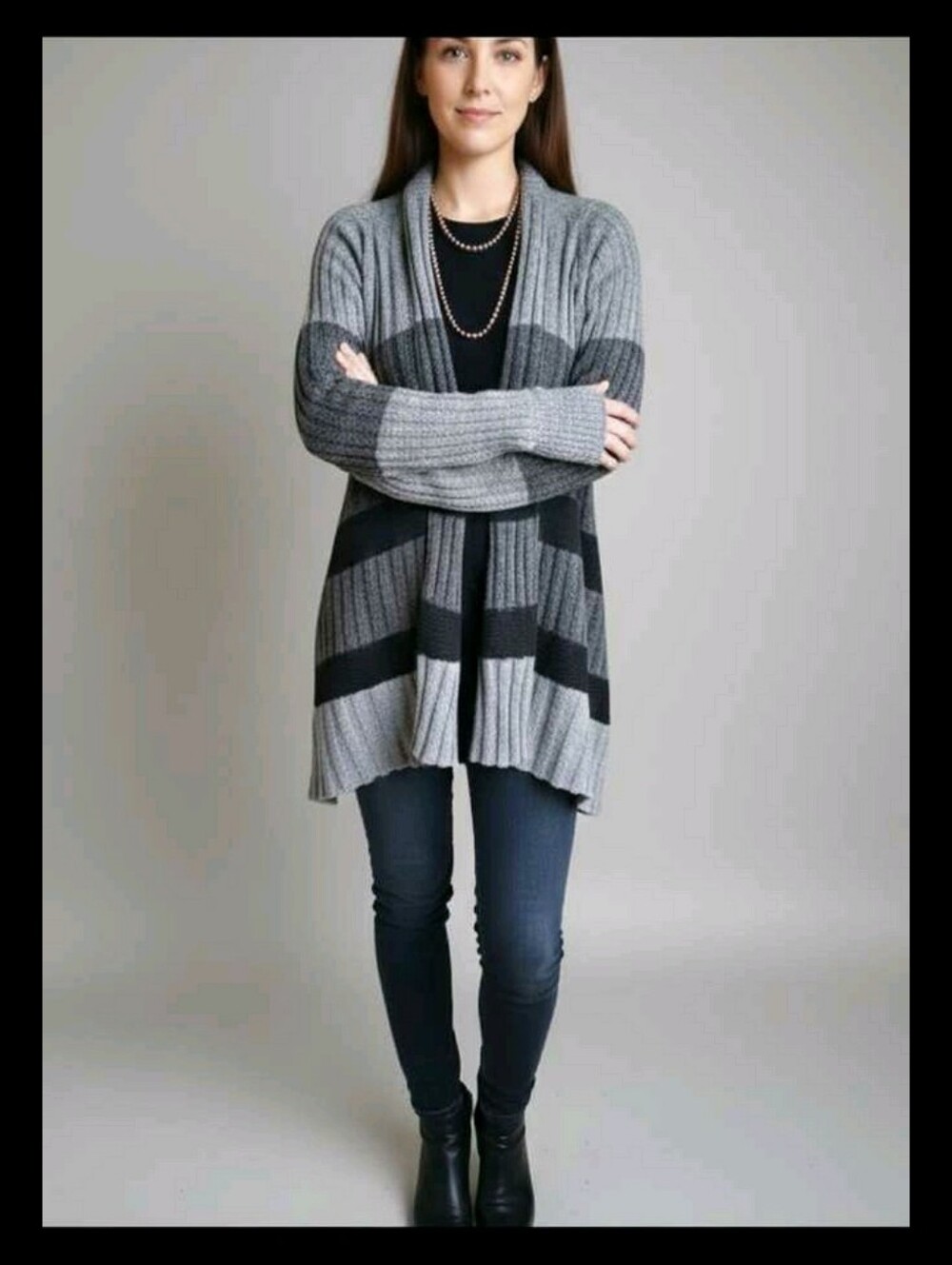 XS Open-Front Gray Ribbed Stripe Cardigan Sweater